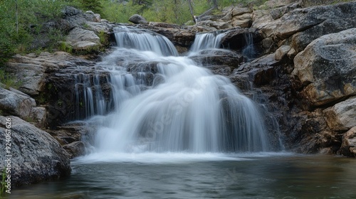 Cascading Waterfall Over Smooth Rocks in a Lush Forest