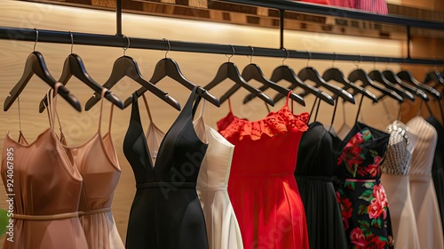 A high-end fashion boutique displaying nonessential couture clothing, showcasing extravagant designs and luxurious materials photo