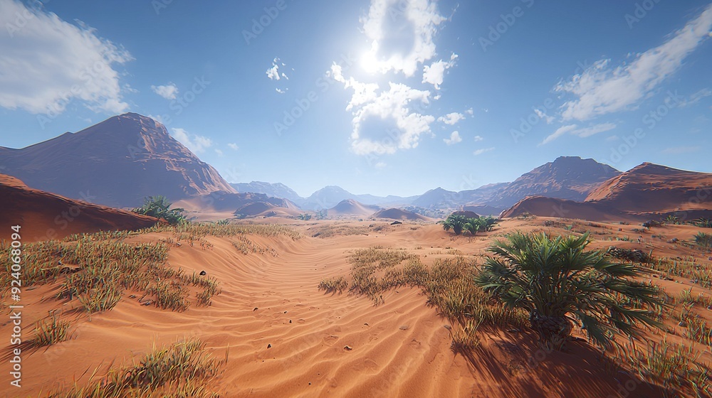 Naklejka premium An awe-inspiring scene of sand dunes and rugged peaks against a canvas of azure skies and fluffy white clouds