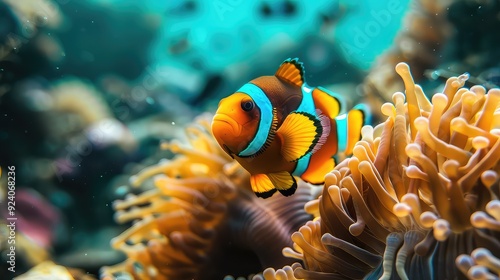 Cute anemone fish playing on the coral reef, beautiful color on coral reefs, anemones on tropical coral reefs AI generated photo