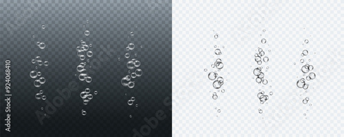 Bubbles underwater texture isolated on transparent background. Vector fizzy air, gas or oxygen under water. Realistic champagne drink, soda effect templates set