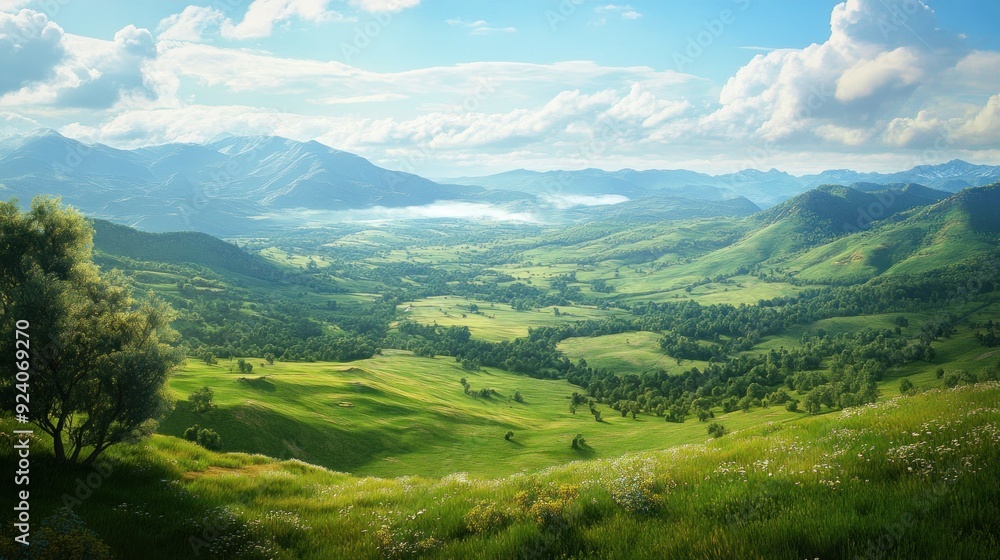 Fototapeta premium Lush Green Valley Surrounded by Mountains with a Blue Sky and Puffy Clouds