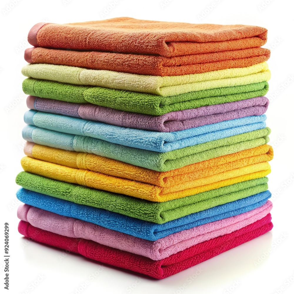 Stack of colorful folded towels arranged neatly on a white surface. Generative AI Stack of colorful folded towels arranged neatly on a white surface. Generative AI