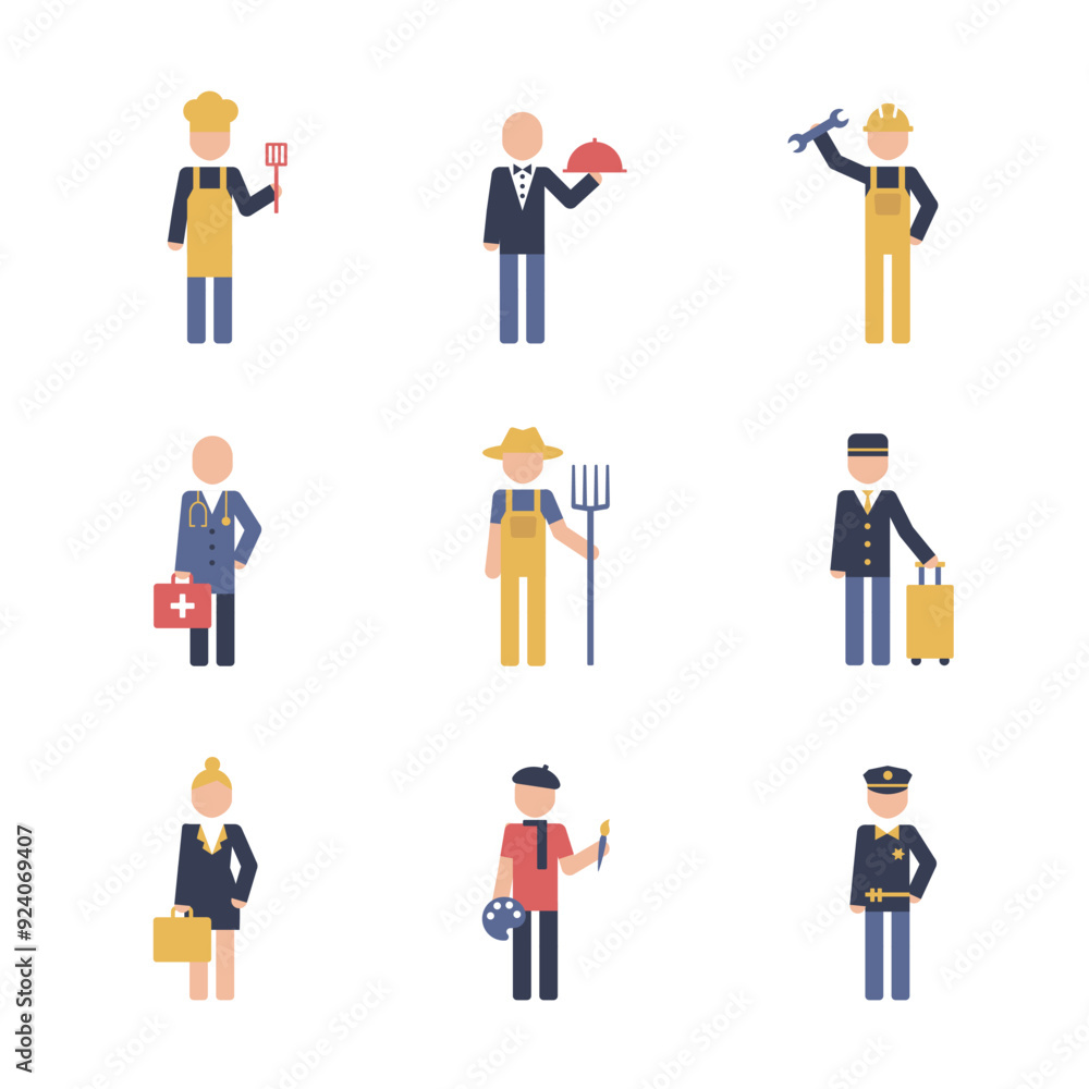 Chef, waiter, builder, businessman, gardener, pilot, flight attendant, artist, policeman color pictograms in simple style. Collector job occupation sign pictogram symbol icon. Chef, waiter, builder, businessman, gardener, pilot, flight attendant, artist, policeman color pictograms in simple style. Collector job occupation sign pictogram symbol icon.