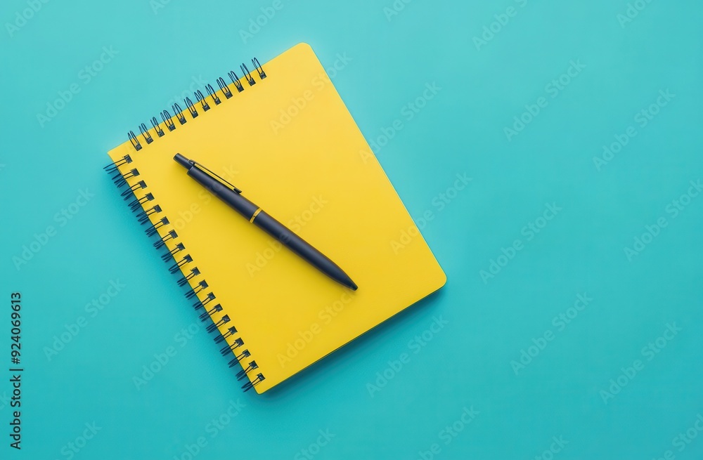 Yellow notebook with pen on blue background Yellow notebook with pen on blue background