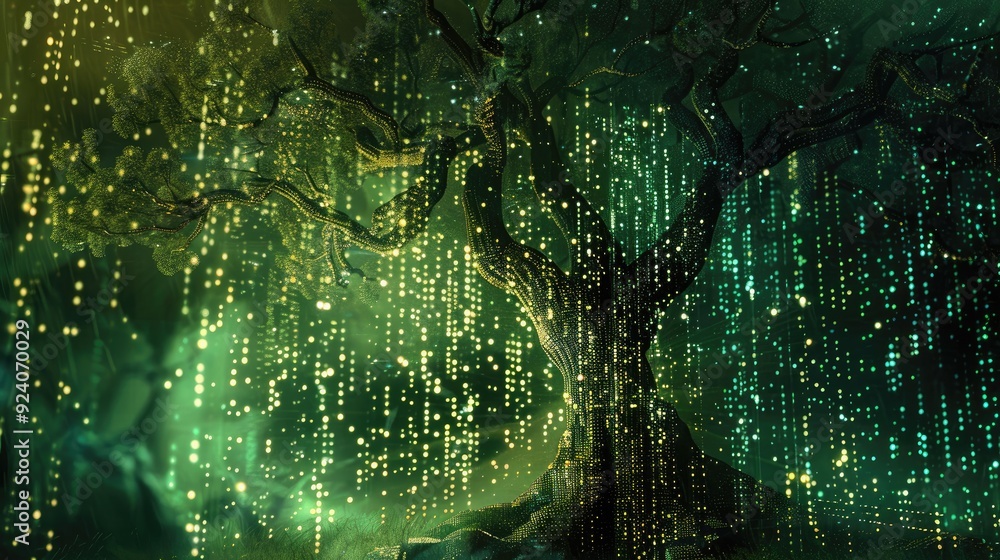 Obraz premium A digital illustration of a tree with branches seamlessly integrated into a complex data network