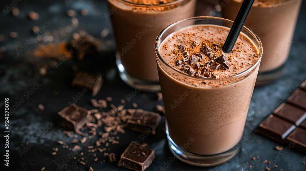 Two chocolate milkshakes with chocolate chunks and a chocolate bar on the side Two chocolate milkshakes with chocolate chunks and a chocolate bar on the side