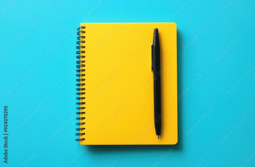 Yellow notebook with pen on blue background Yellow notebook with pen on blue background
