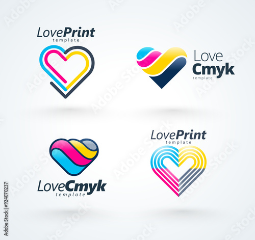 Logos Set Heart Love CMYK. Print theme. Template design vector. White background