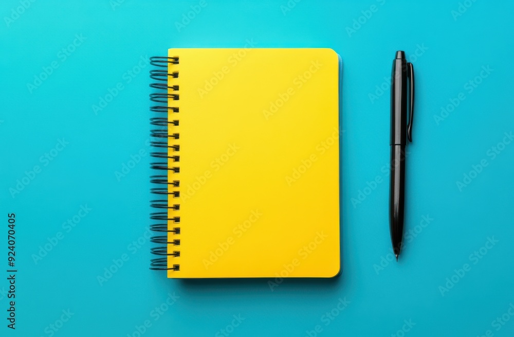 Yellow notebook with pen on blue background Yellow notebook with pen on blue background