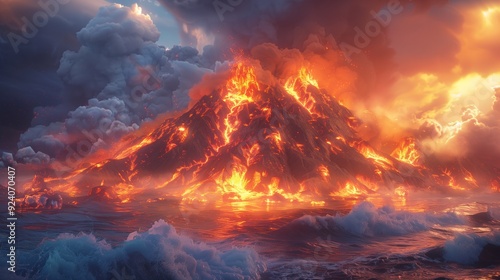 volcanic eruption into the ocean, lots of lava, fire and smoke around. natural disasters, natural cataclysms