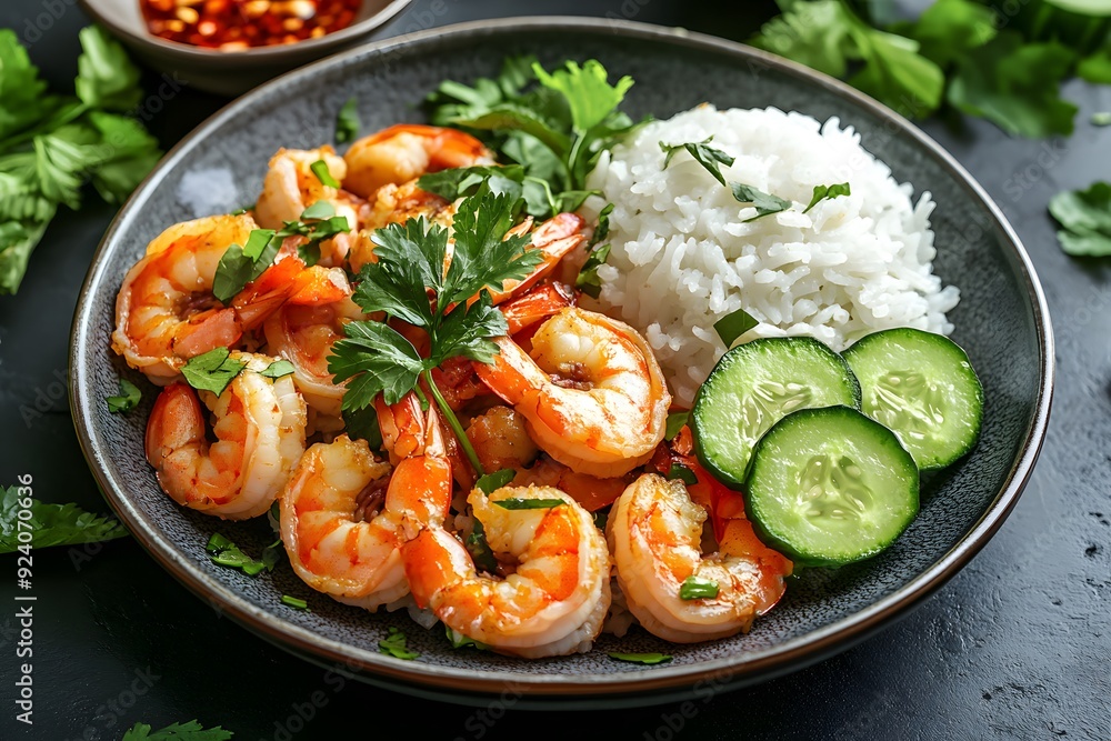 Plate of grilled shrimp with rice, cucumber and cilantro. Plate of grilled shrimp with rice, cucumber and cilantro.