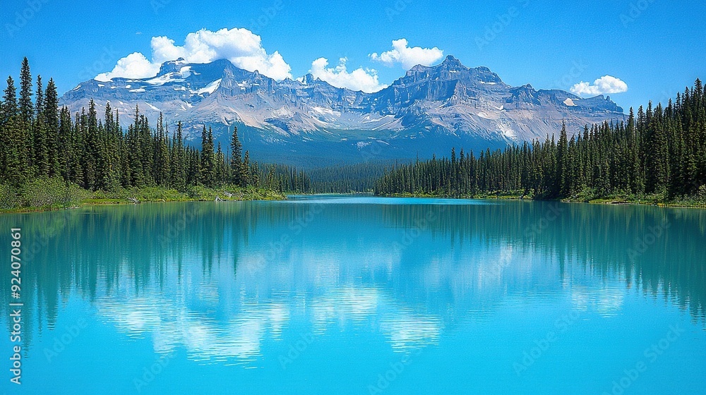  A serene blue lake nestled amidst towering pines, with majestic mountains looming in the background and fluffy clouds dotting the sky above