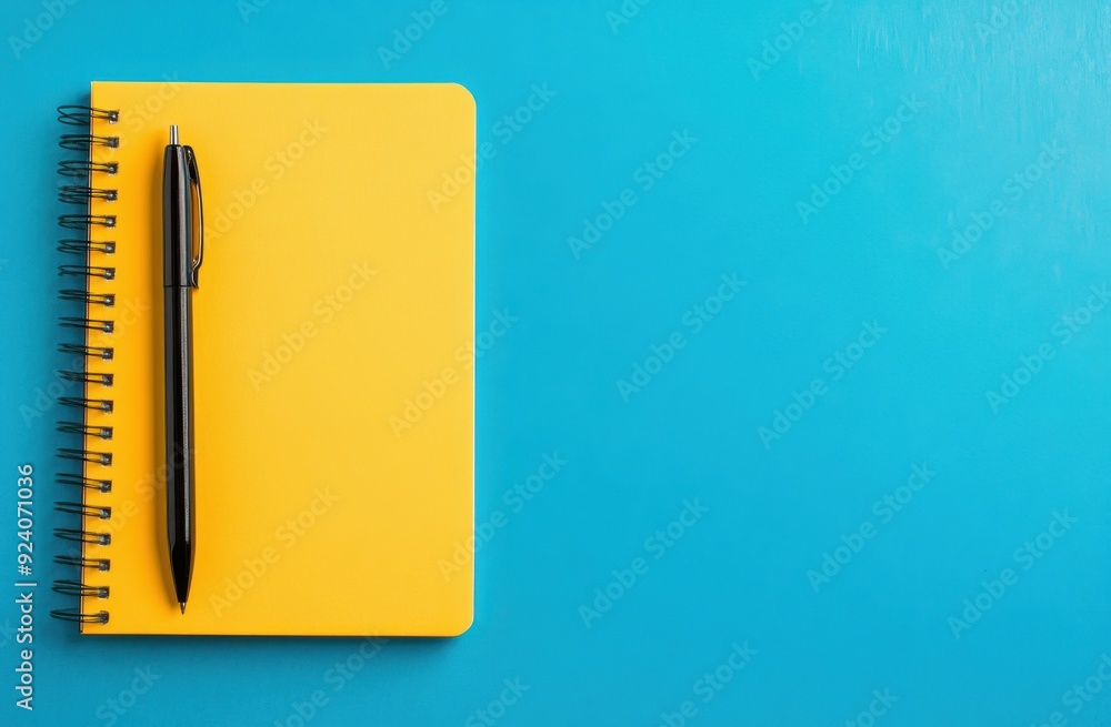Yellow notebook with pen on blue background Yellow notebook with pen on blue background