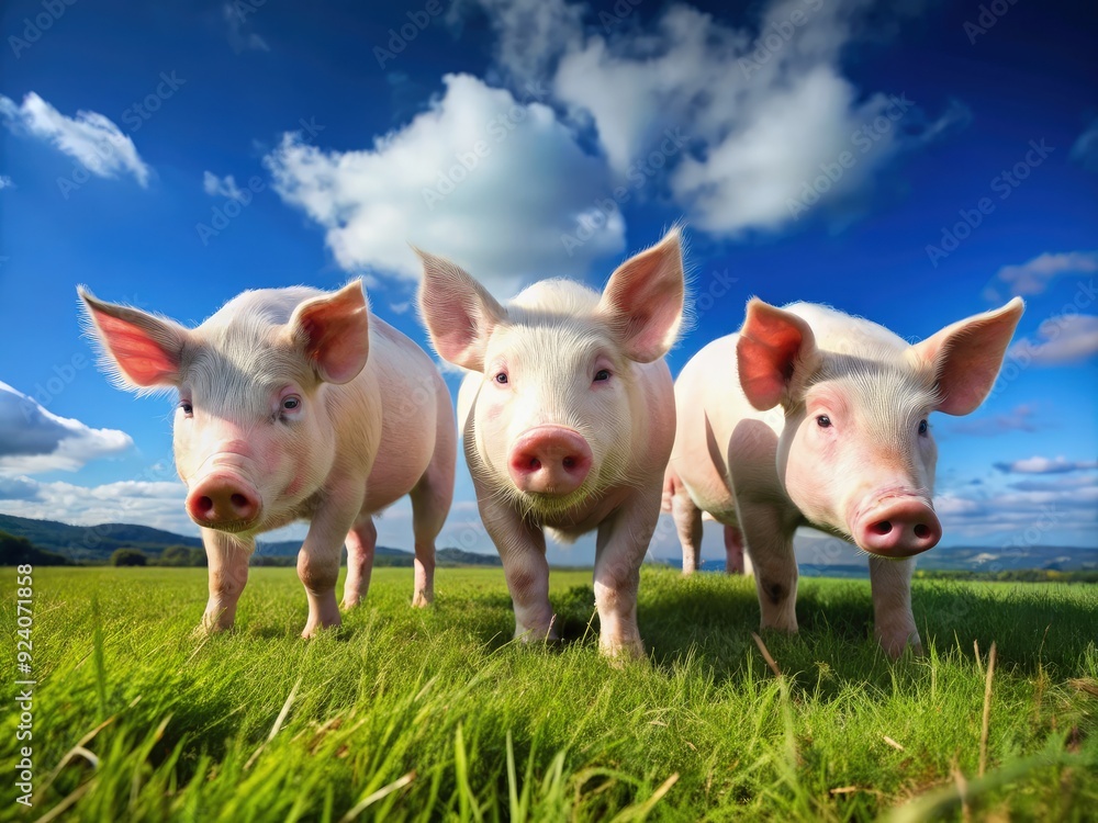 Three pigs foraging in a green field under a bright blue sky. Generative AI Three pigs foraging in a green field under a bright blue sky. Generative AI