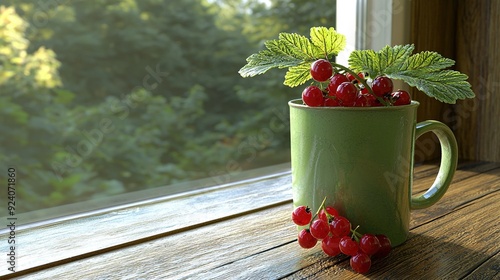   A green cup holding cherries rests atop a windowsill beside another windowsill