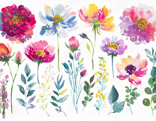 watercolor flowers set featuring hand-painted abstract botanical illustrations. This bundle showcases a variety of delicate floral designs, each rendered with artistic flair, isolated against a clean 