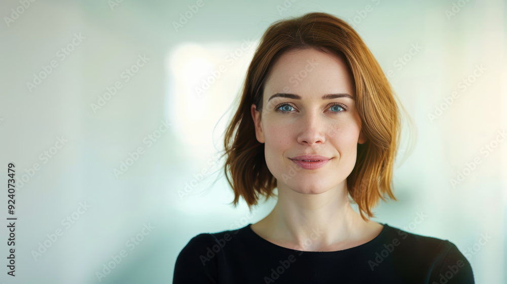 Confident young woman smiling in bright professional setting Confident young woman smiling in bright professional setting