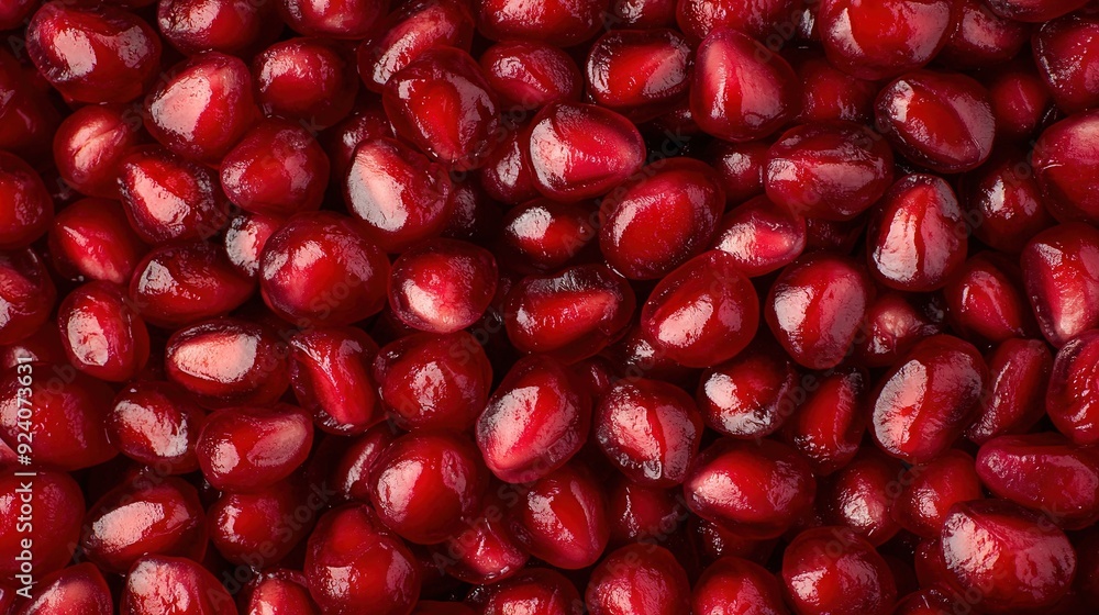   A close-up of several pomegranates with droplets of water on their peaks