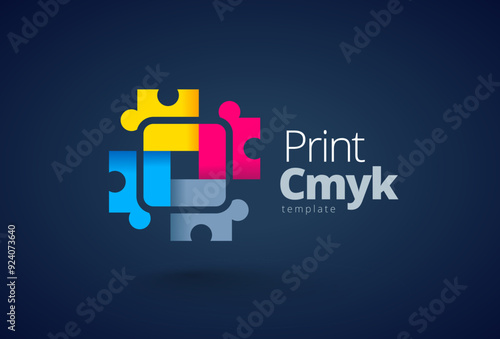 Logo Print CMYK color theme. Colored puzzles. Template design vector. Black background.