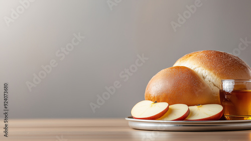 Rosh Hashanah celebration concept plate with bun, apple slices and honey on wooden table against a grey background photo