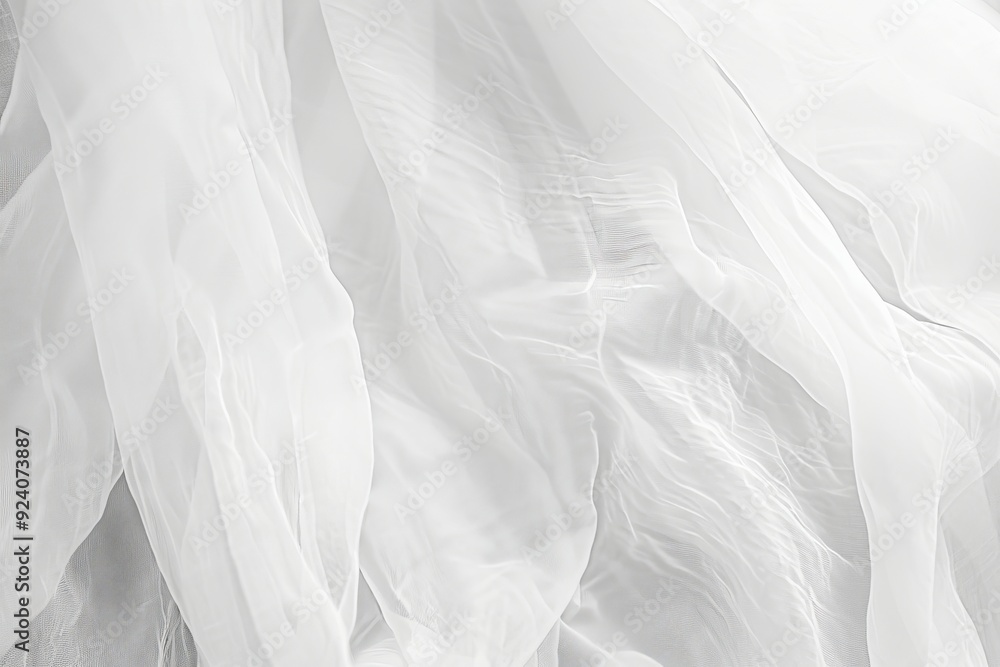 Fototapeta premium Abstract Soft White Tulle Fabric Texture Background With Copy Space, Romantic Wedding Concept