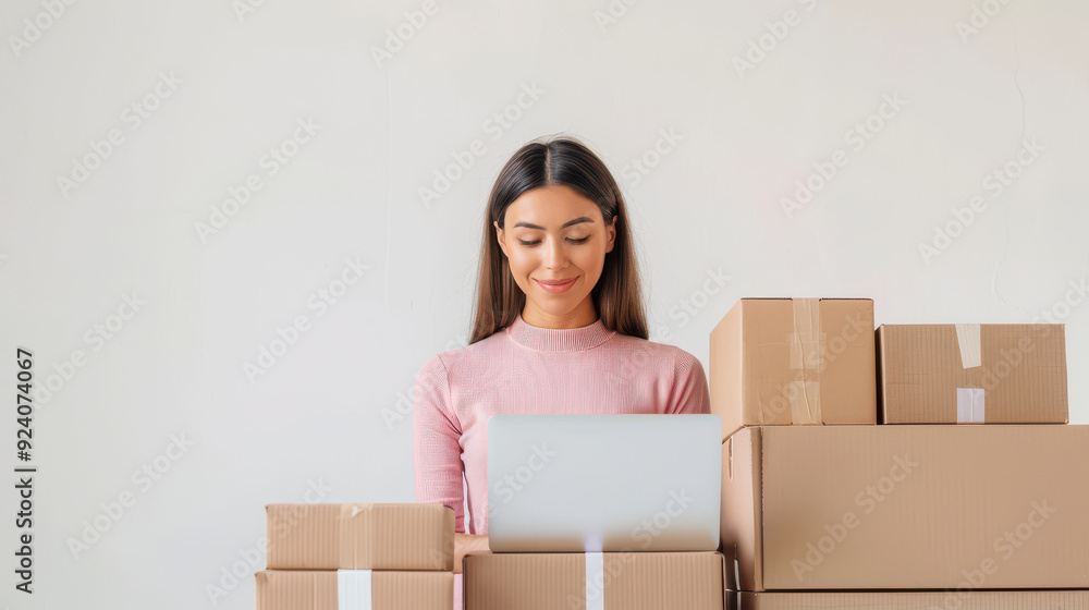 A focused woman works on her laptop surrounded by cardboard boxes, representing online shopping and delivery concepts. A focused woman works on her laptop surrounded by cardboard boxes, representing online shopping and delivery concepts.