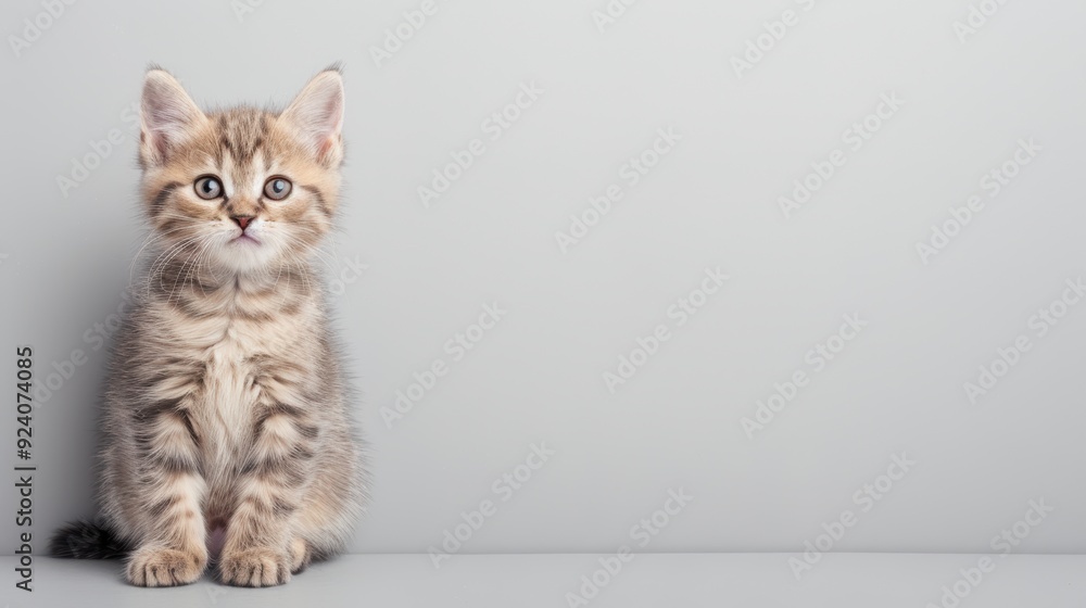 Cute fluffy kitten sitting against white background, adorable tabby cat photo Cute fluffy kitten sitting against white background, adorable tabby cat photo