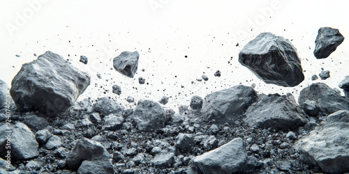 A pile of small rocks are scattered around the white background. The rock piles form an asteroid belt in space.