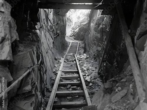 Spooky scene in abandoned mine, ghostly miners still toiling away in the darkness. photo