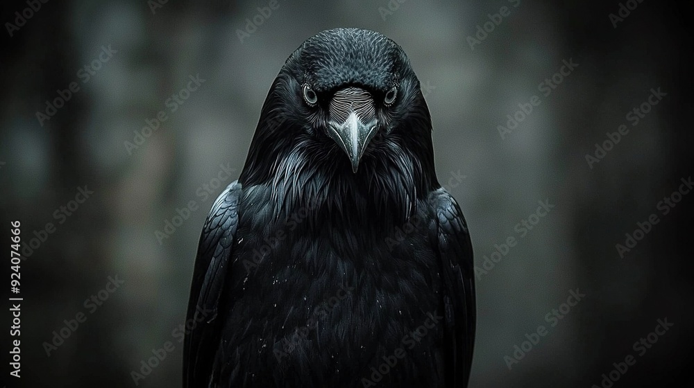 Fototapeta premium Close-up image of a raven with its all-black feathers and a striking white stripe across its back