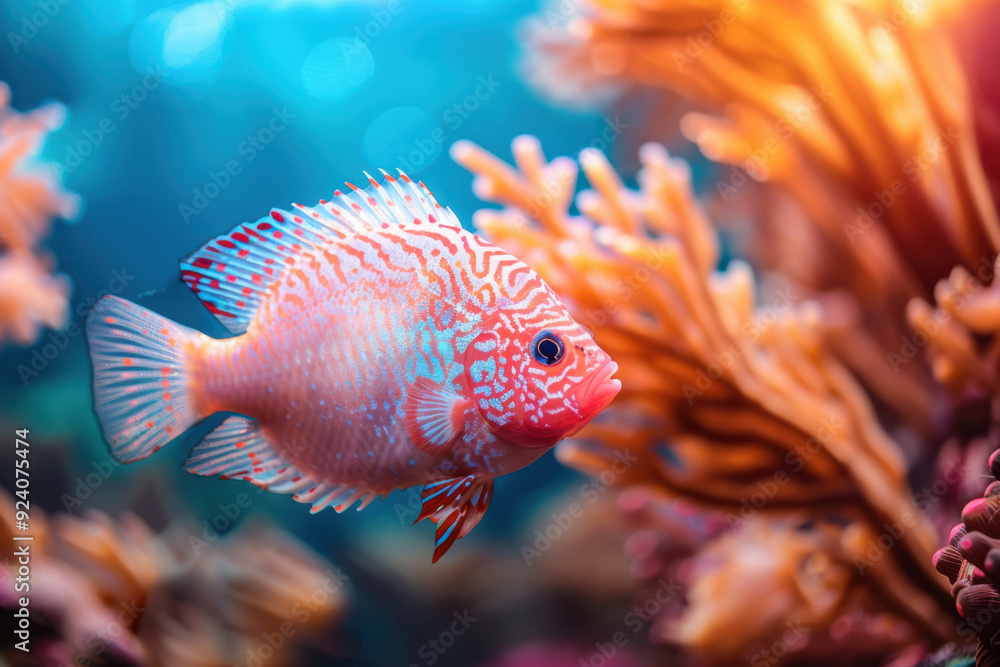 Fototapeta premium A vibrant fish swimming gracefully among colorful coral, showcasing the beauty of underwater life in a serene ocean ecosystem.