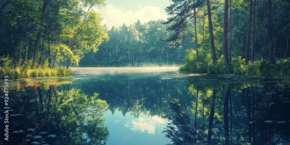 Fototapeta premium Digital Canvas of a Forest Lake: A Serene Scene with Trees and Reflections in the Calm Water