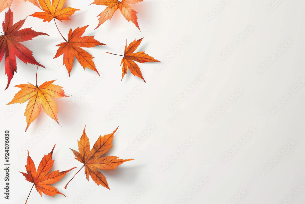 Colorful autumn leaves scattered on a clean white background, showcasing vibrant shades of red, orange, and yellow. Colorful autumn leaves scattered on a clean white background, showcasing vibrant shades of red, orange, and yellow.