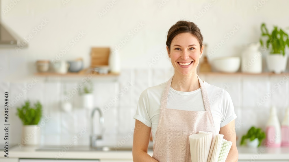 Smiling woman in apron holding dish towels in bright modern kitchen Smiling woman in apron holding dish towels in bright modern kitchen