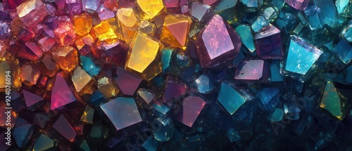 Microscopic view of a poorly soluble drug transforming into a bioavailable form depicted as geometric crystals dissolving into a kaleidoscope of colors