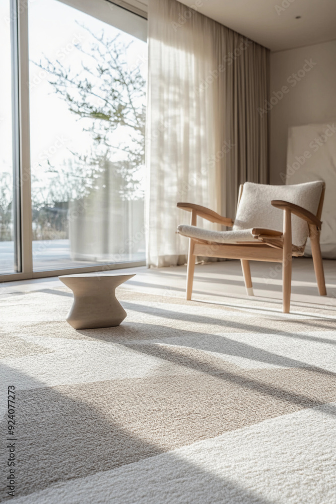 Naklejka premium Scandinavian carpet pattern featuring clean lines and subtle geometric shapes in shades of light gray, white, and muted beige. The carpet is placed in a bright, airy room with modern furniture