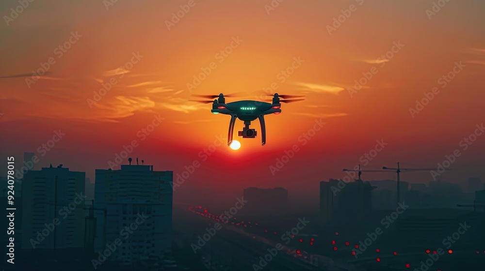 Silhouette of a drone flying over the city at sunset AI generated Silhouette of a drone flying over the city at sunset AI generated