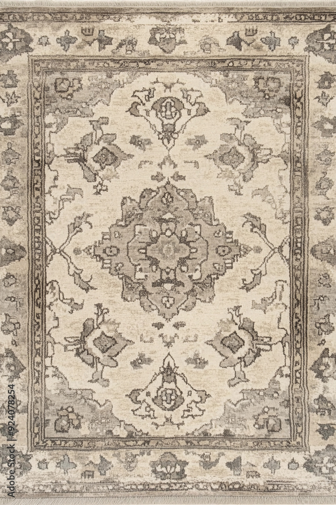 Oriental rug with a distressed appearance, featuring a faded pattern of traditional motifs in muted earth tones. The design includes floral elements and intricate borders with a slightly worn, antique Oriental rug with a distressed appearance, featuring a faded pattern of traditional motifs in muted earth tones. The design includes floral elements and intricate borders with a slightly worn, antique