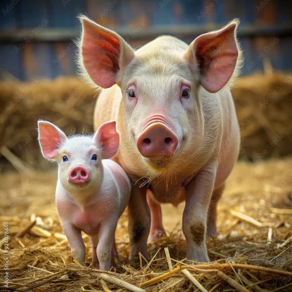 Mother pig and piglet standing together in a straw-filled barn. Generative AI Mother pig and piglet standing together in a straw-filled barn. Generative AI