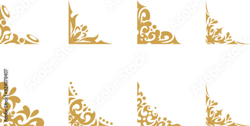 Set of decorative vintage frames and corner borders, gold color vector illustration