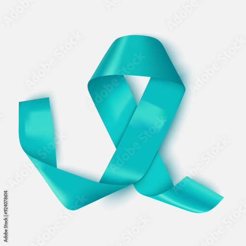Teal Awareness ribbon. Awareness for cervical cancer, Ovarian Cancer, Polycystic Ovary Syndrome (POS), Post Traumatic Stress Disorder(OCD), Obsessive Compulsive Disorder(OCD). Vector 3d illustration