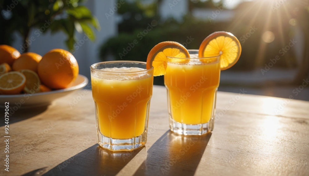 Sunny Morning Refreshment Freshly Squeezed Orange Juice in Glass Sunny Morning Refreshment Freshly Squeezed Orange Juice in Glass