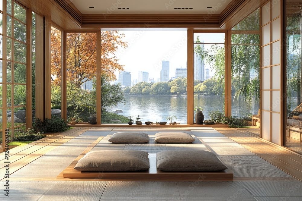 Zen-like Japanese Tatami Room with Cityscape View Zen-like Japanese Tatami Room with Cityscape View