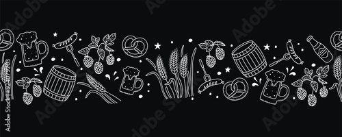 Black and white seamless border with brewing ingredients.Graphic background with hops, barley, glass of beer, barrel, pretzel, sausage, bottle.Brewery design elements set.Vector linear illustration.