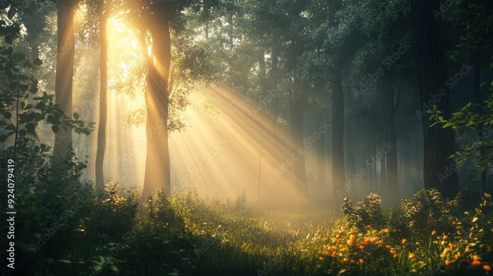 Obraz premium Sunbeams Through Misty Forest