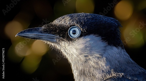   A sharp image of a bird's head with contrasting black and white plumage and piercing blue eye, set against a blurred backdrop photo