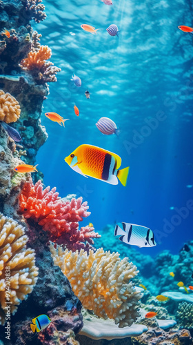Fototapeta Naklejka Na Ścianę i Meble -  A colorful fish swims in a coral reef with other fish. The fish are orange, yellow, and white