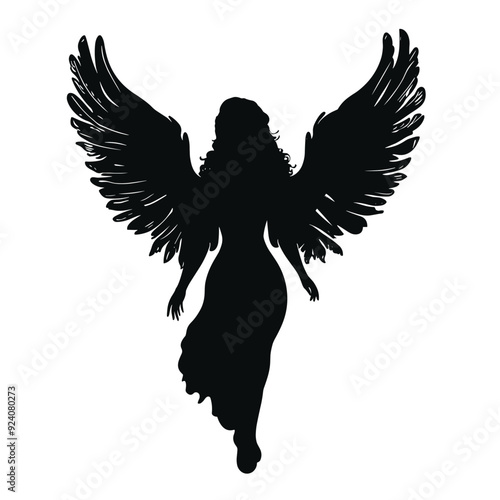 vector silhouette of a girl angel with wings on a white background . Generative AI