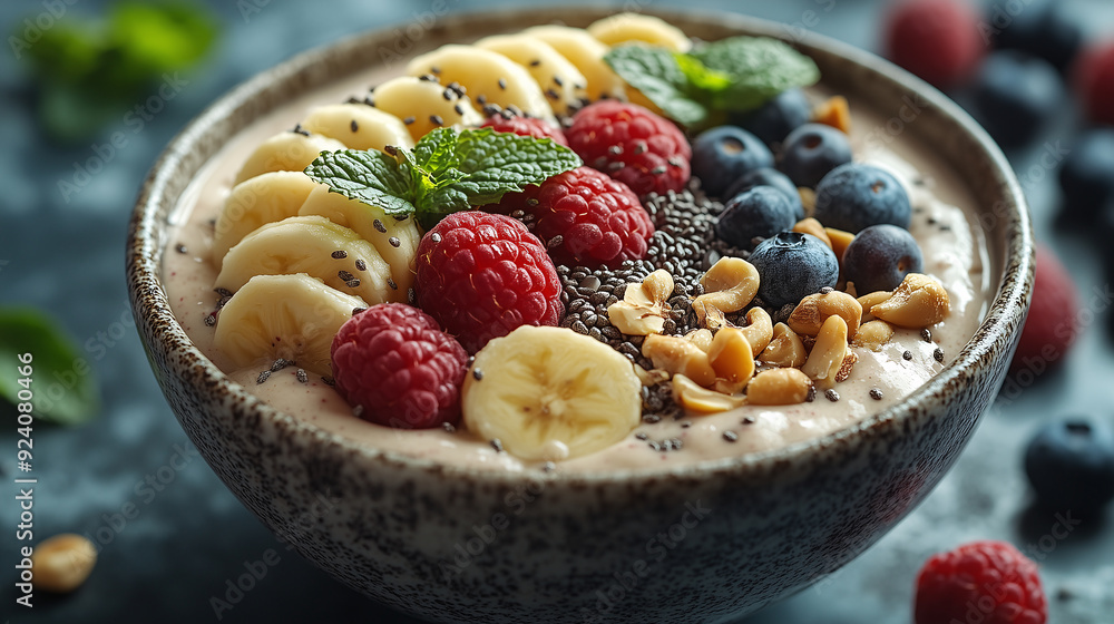 A bowl of smoothie, with banana slices and blueberries on top, surrounded by nuts and berries such as raspberries and chia seeds yogurt with berries